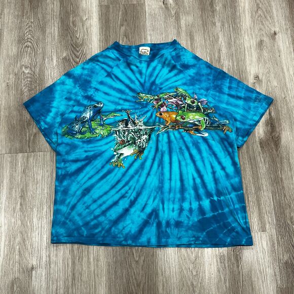 Vintage 90s Liquid Blue Style AOP Tie Dye Wraparound Frogs T-Shirt Size XL Blue - Picture 1 of 5